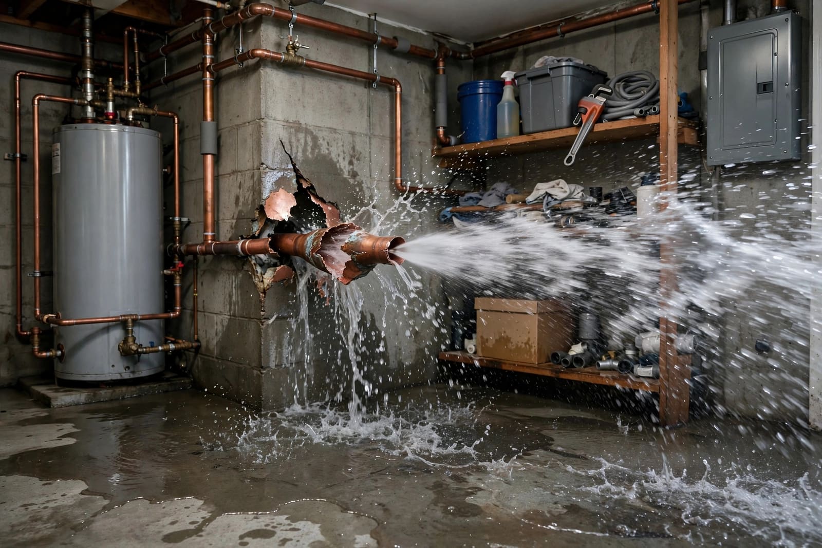 Burst pipe spraying water in a home
