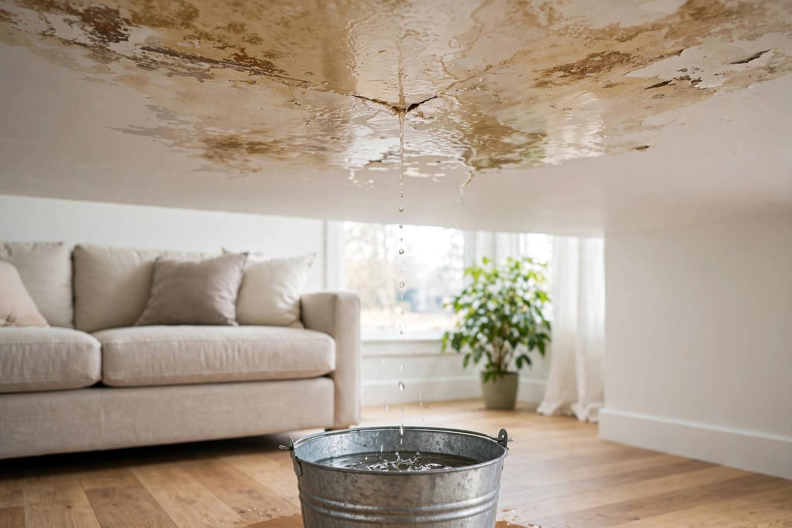 Water stain spreading across a ceiling from a hidden pipe leak