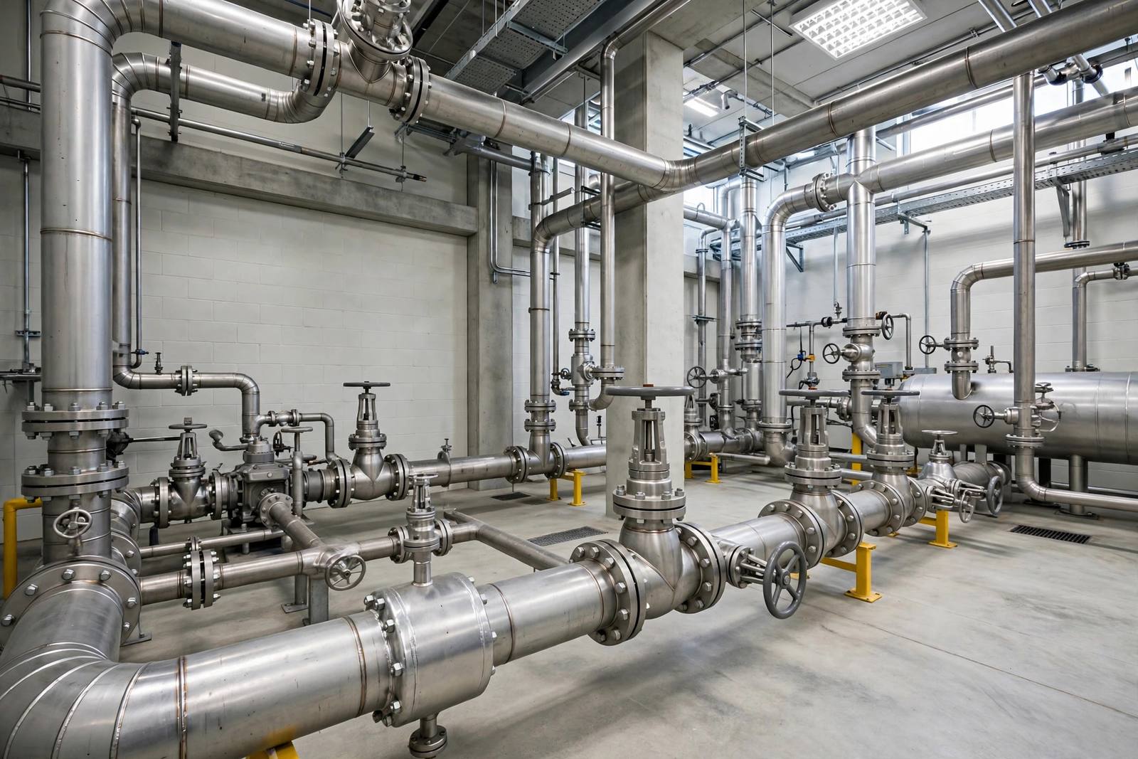 Commercial building plumbing pipes being inspected
