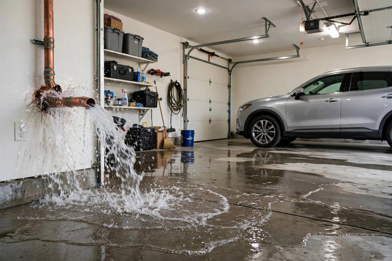 Water spreading across a garage floor