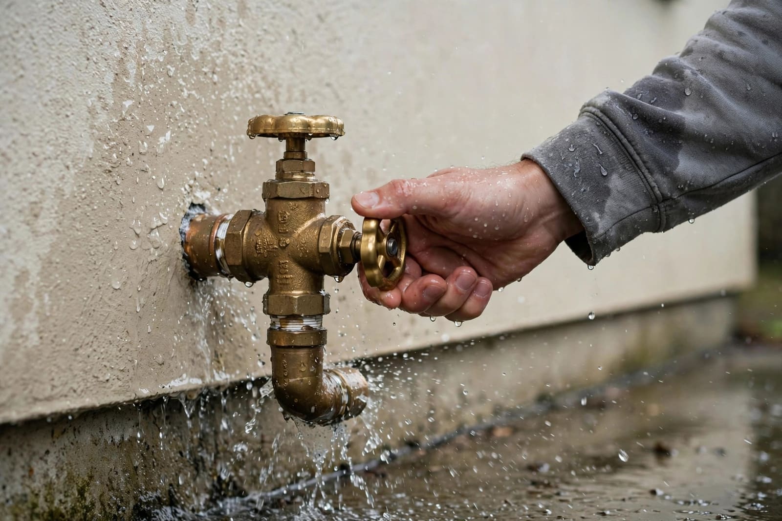 Homeowner turning off the main water shutoff valve