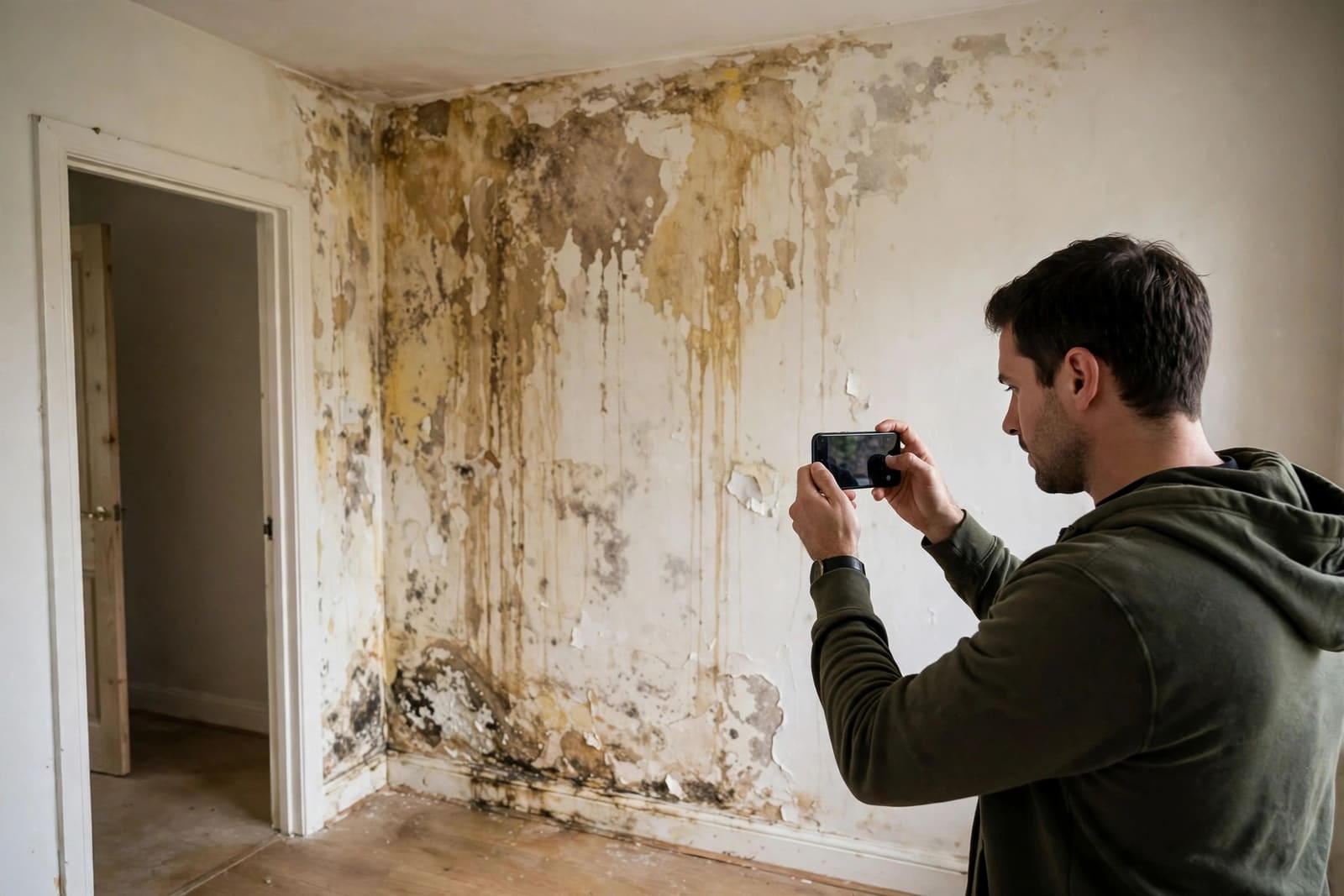 Person photographing water damage with a phone
