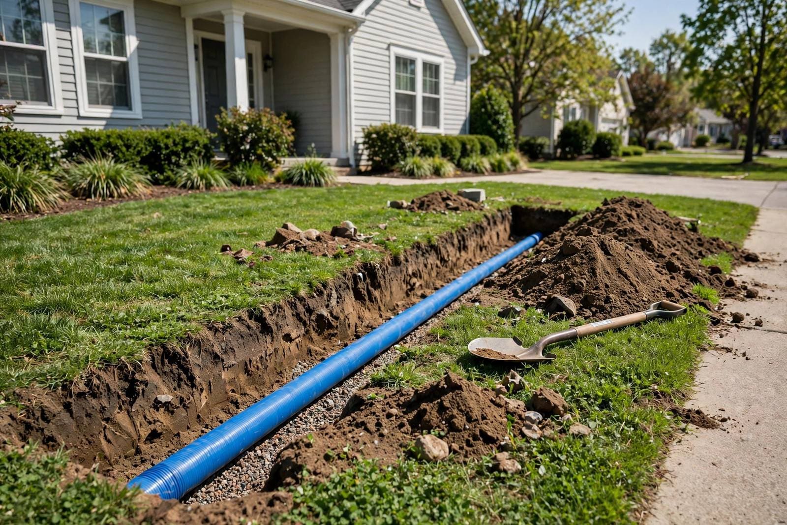 Exposed water service line in a trench for water line leak repair