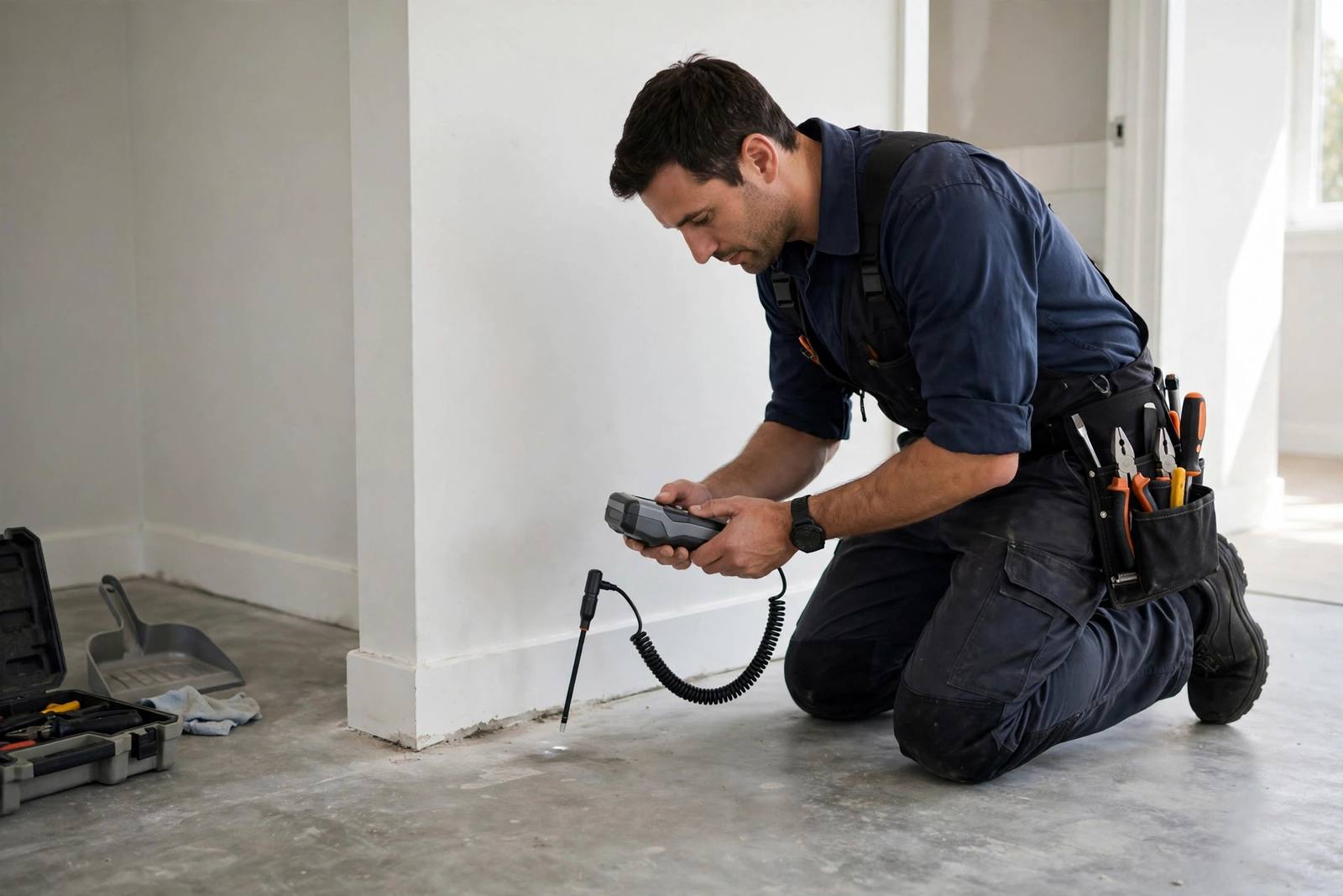 Pipe running beneath a concrete slab during slab leak detection