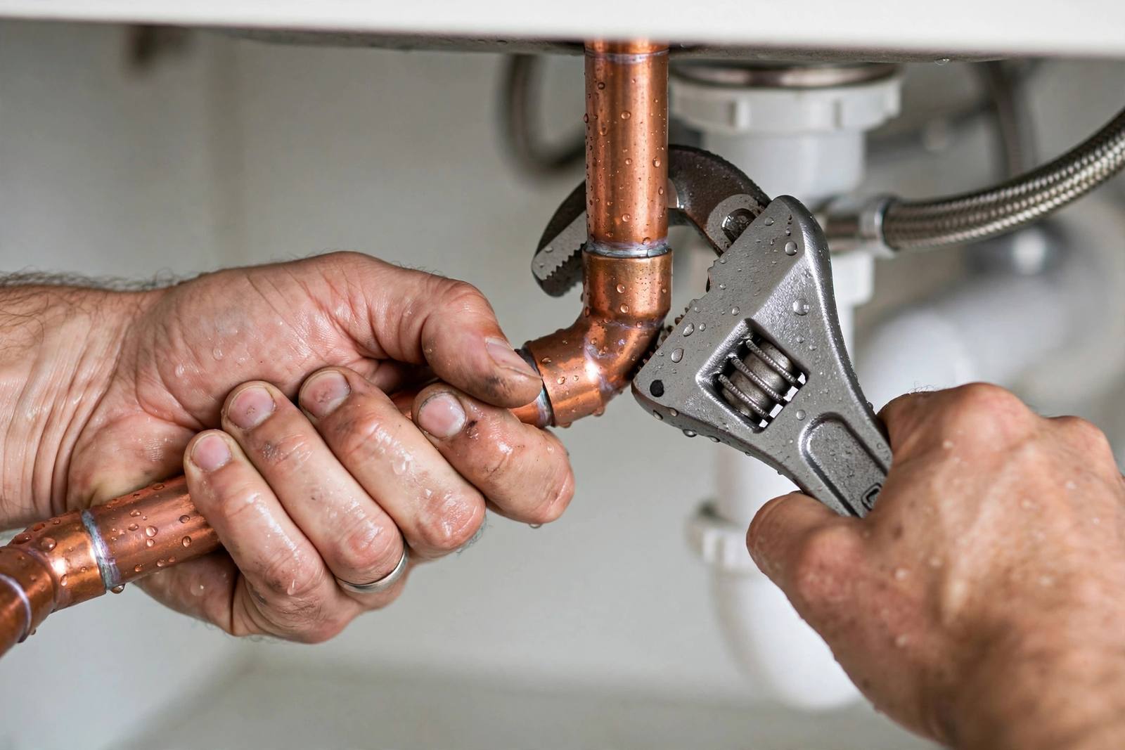 Technician performing emergency pipe leak repair in a Cupertino home