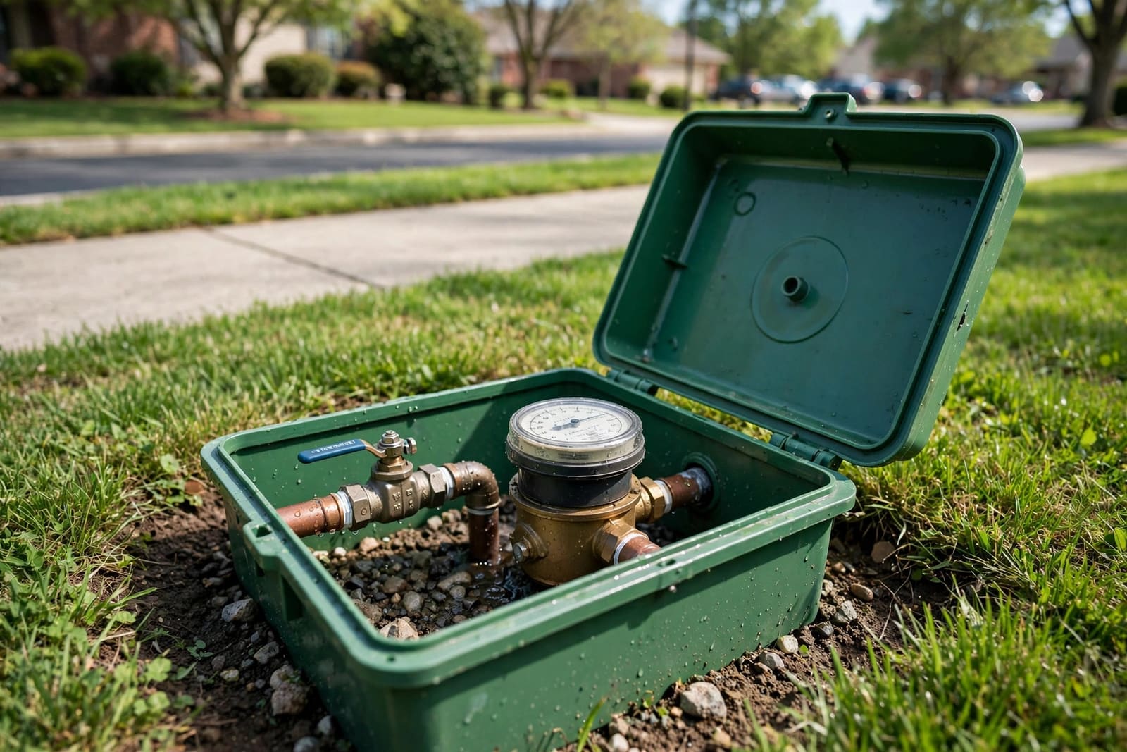 Water meter box in a residential lawn